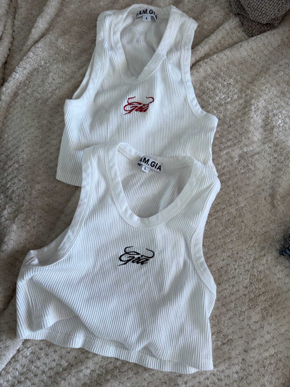 I.AM.GIA White Ribbed Cropped Tank with Black and Red Script Logos (selling 2)